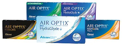 A collection of Air Optix contacts boxes